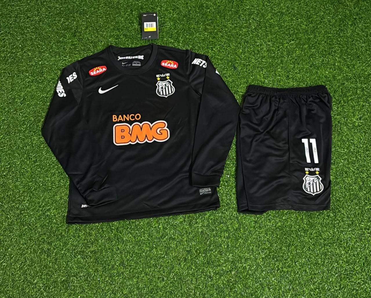 Santos Neymar Jr Kids Black Long Sleeve Retro Football Jersey Kit