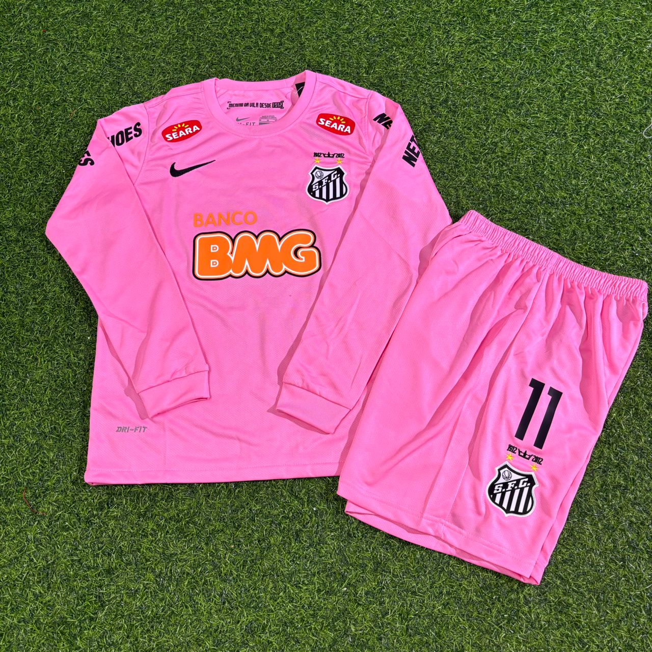 Santos Neymar Jr Kids Pink Long Sleeve Retro Football Jersey