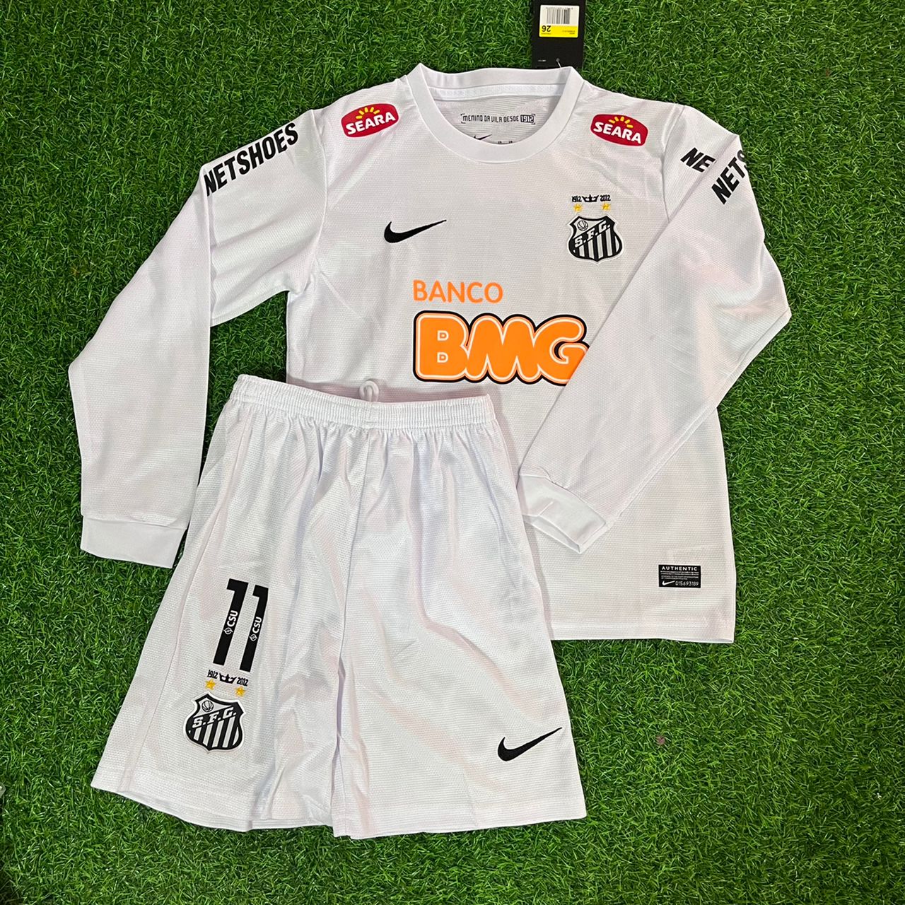 Santos FC Neymar Jr 2013 White Long Sleeve Kids Retro Football Jersey Set Soccer Shirt