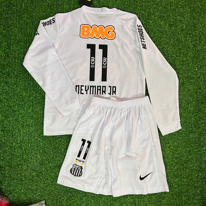 Santos FC Neymar Jr 2013 White Long Sleeve Kids Retro Football Jersey Set Soccer Shirt