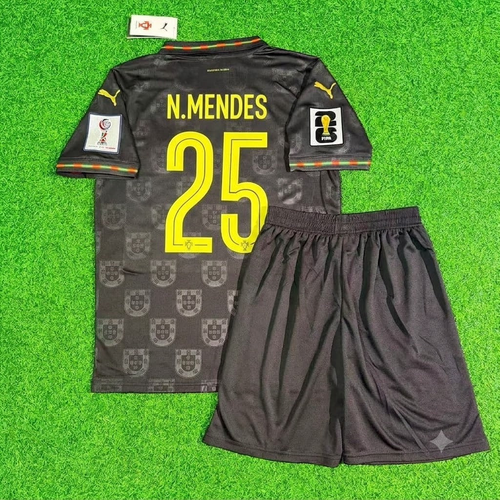 Portugal World Cup 2026 Nuno Mendes Black Kids Football Jersey