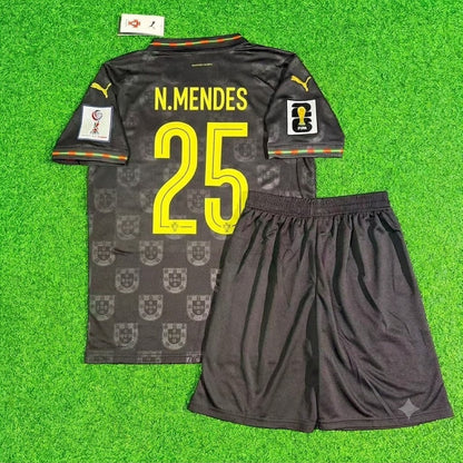 Portugal World Cup 2026 Nuno Mendes Black Kids Football Jersey