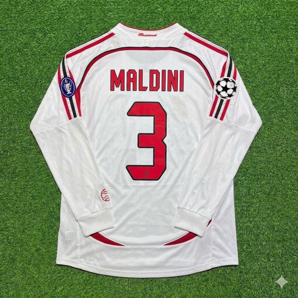 Paolo Maldini #3 AC Milan 2007 Champions League Final Away White Long Sleeve Retro Football Jersey