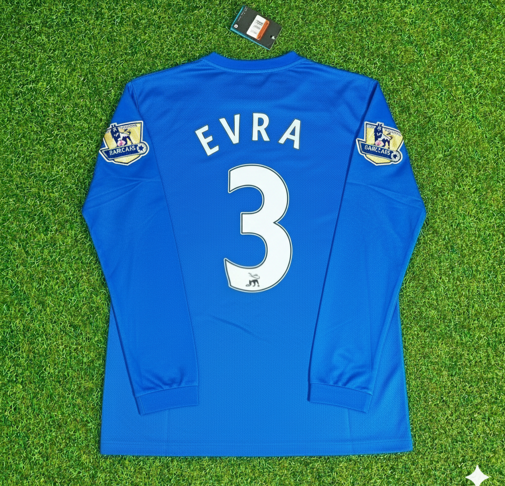 Patrice Evra Manchester United 2008 Blue EPL Patch Retro Long Sleeve Football Jersey Kit