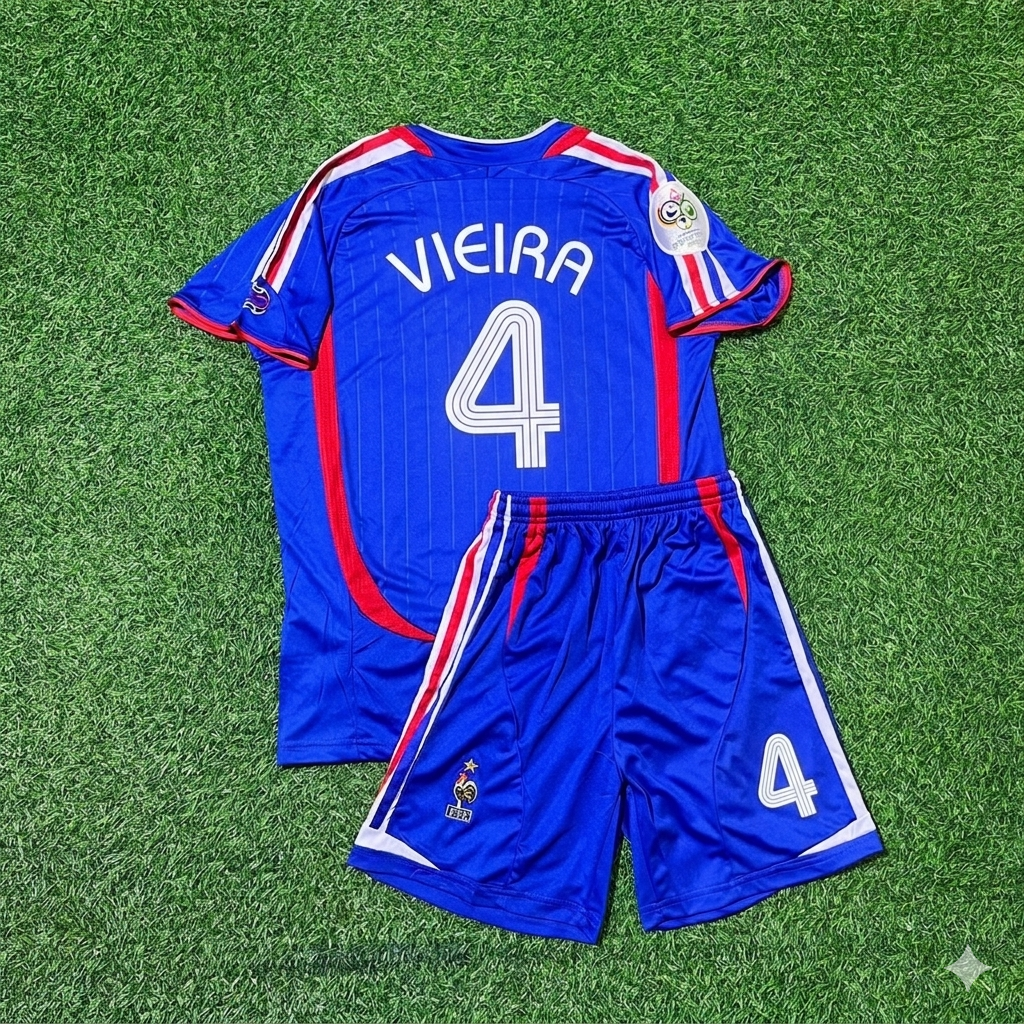 France World Cup 2006 Patrick Vieira #4 Kids Blue Retro Football Jersey Kit
