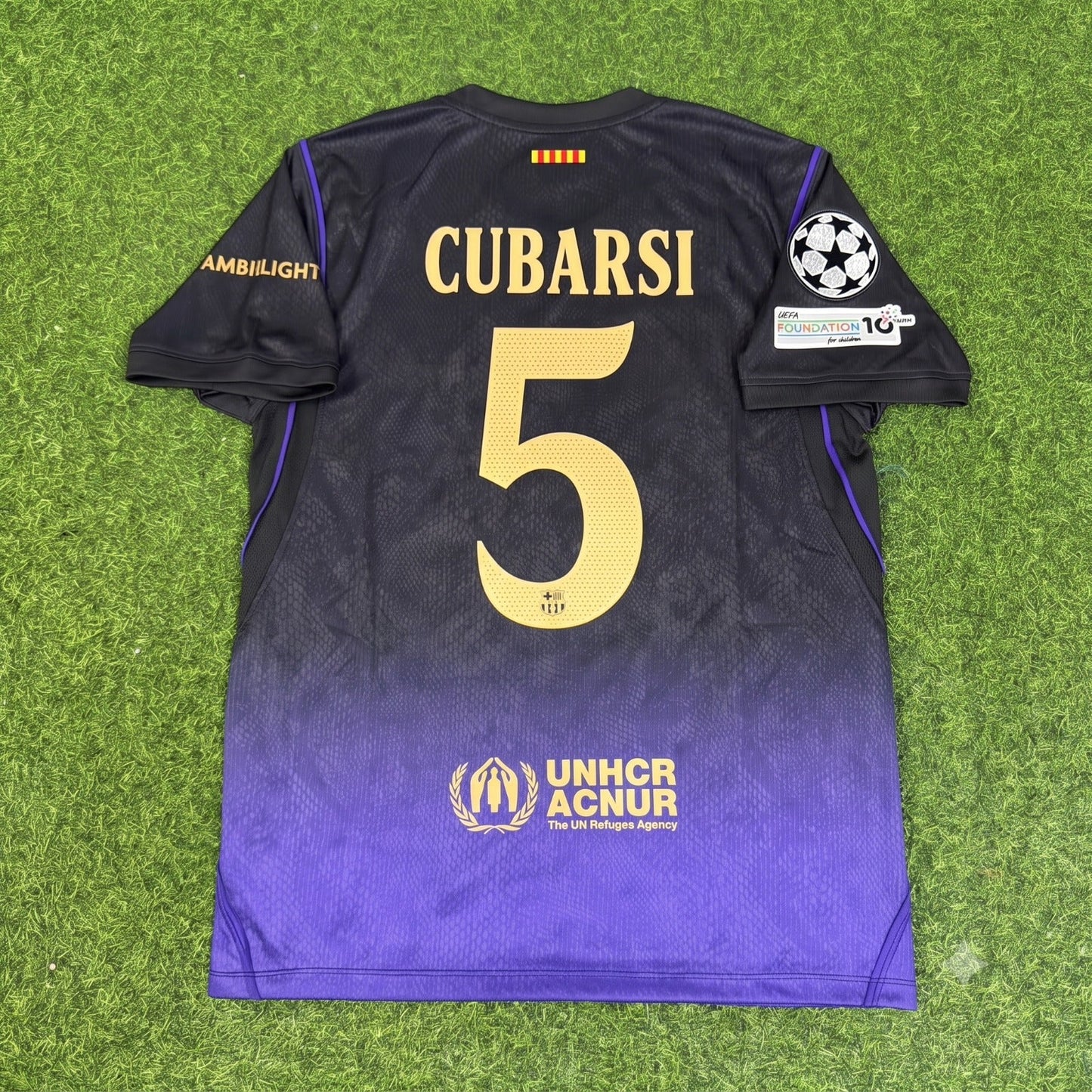 Pau Cubarsi #5 Barcelona 2027 Champions League Patch Away Football Jersey