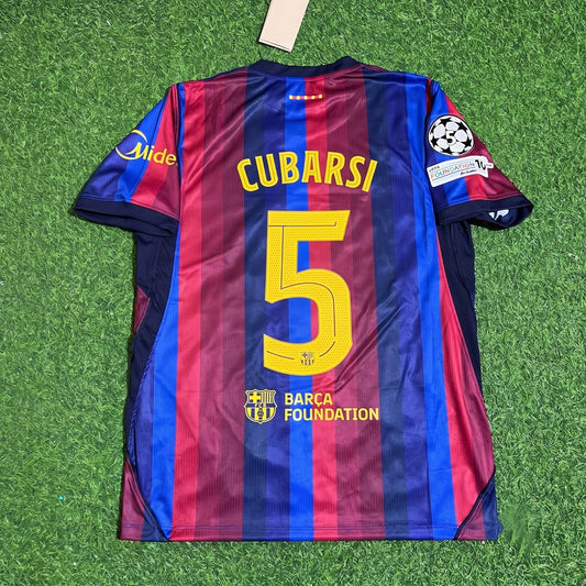 Pau Cubarsi #5 Barcelona 2027 Champions League Patch Home Football Jersey