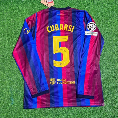 Pau Cubarsi #5 Barcelona 2027 Champions League Patch Home Long Sleeve Football Jersey