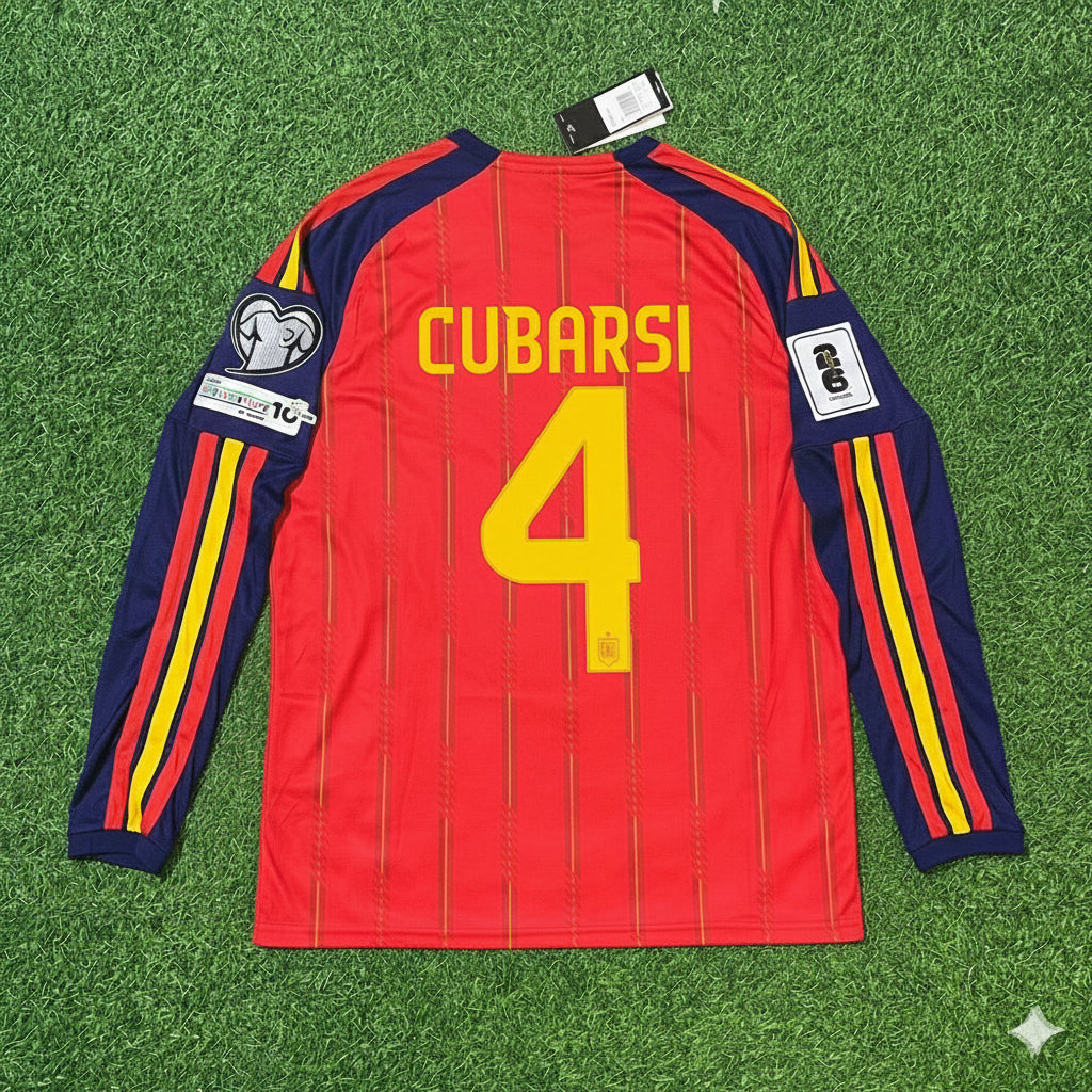 Spain 2026 Pau Cubarsi Home Long Sleeve Soccer Kit Football Jersey