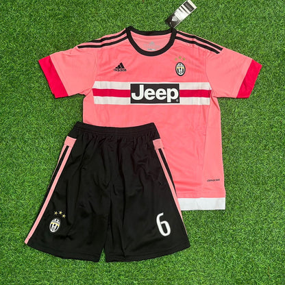 Paul Pogba Juventus 2015 2016 Pink Retro Kids Football Jersey Kit