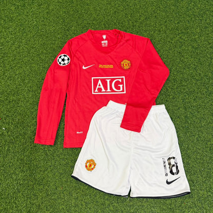 Paul Scholes Manchester United 2008 Champions Leage Final Kids Retro Long Sleeve Football Jersey Kit