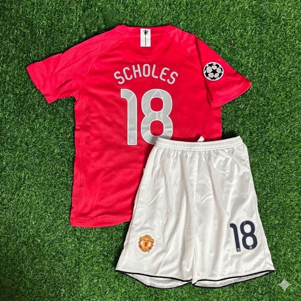 Paul Scholes #18 Manchester United 2008 Final Kids Children Home Football Jersey Kit