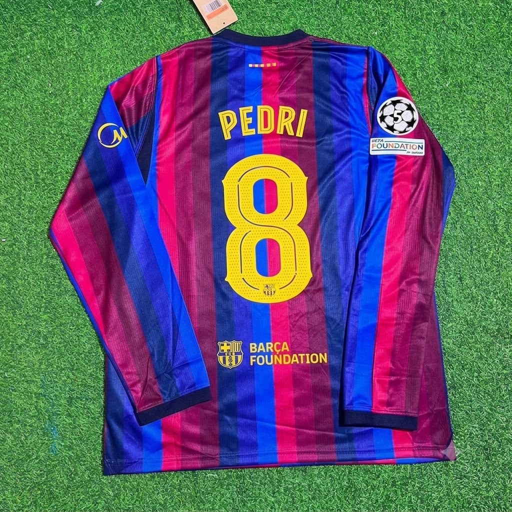 Pedri #8 Barcelona 2027 Champions League Patch Home Long Sleeve Football Jersey