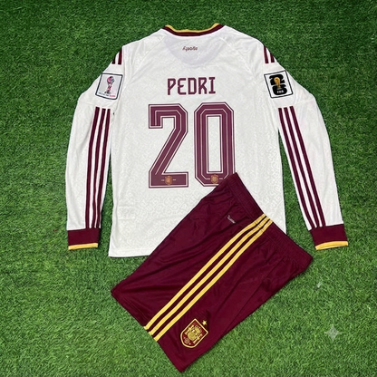 Spain World Cup 2026 Pedri Away Long Sleeve Kids Football Jersey