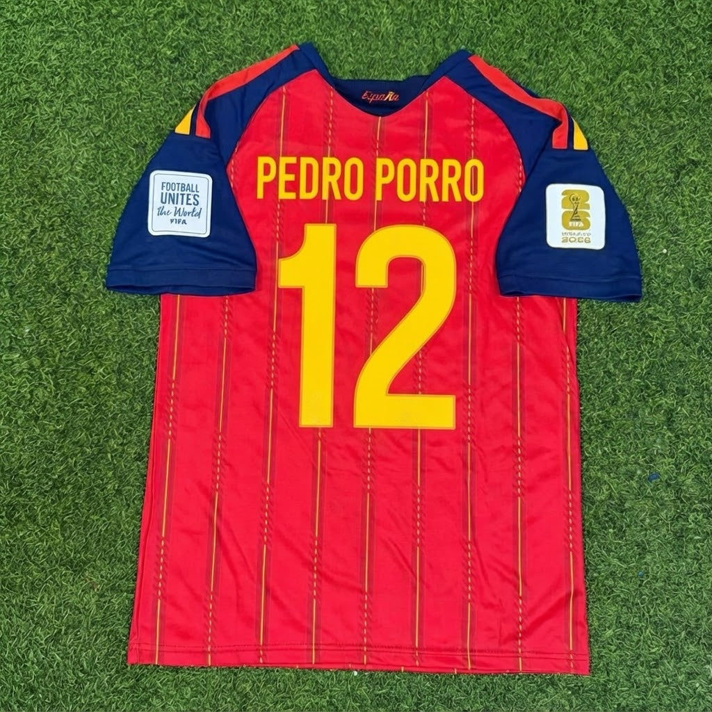 Pedro Porro #12 Spain Two Star 2026 World Cup Champions Home Football Jersey
