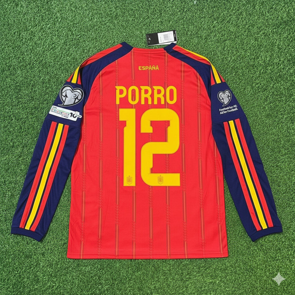 Spain 2026 Pedro Porro Home Long Sleeve Soccer Kit Football Jersey