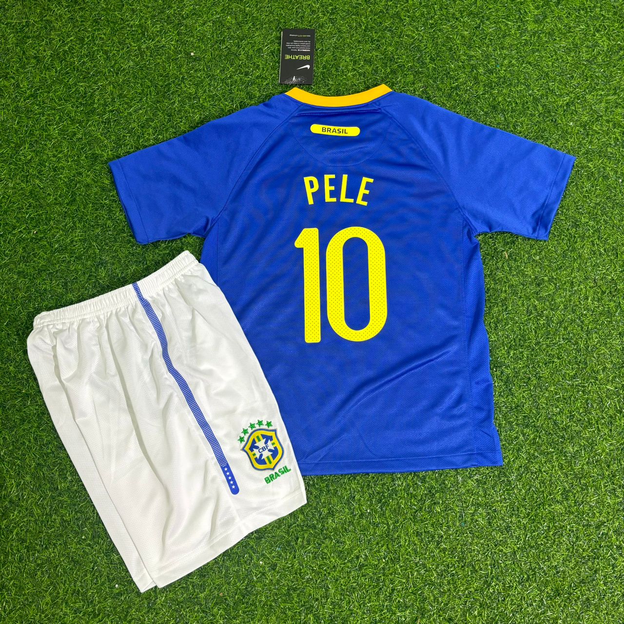 Pelé Brazil World Cup Retro Blue Kids Football Jersey Kit