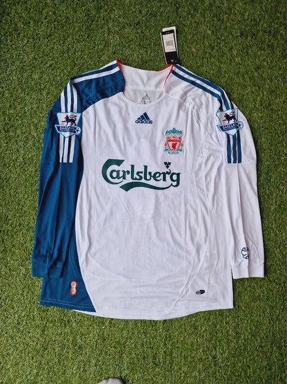 Fernando Torres Liverpool 2007 White Blue Long Sleeve Retro Football Jersey Kit Premier League Patch
