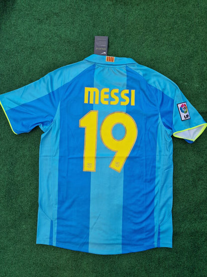 Lionel Messi Barcelona 2007 2008 Light Blue Yellow Number 19 Retro Football Jersey