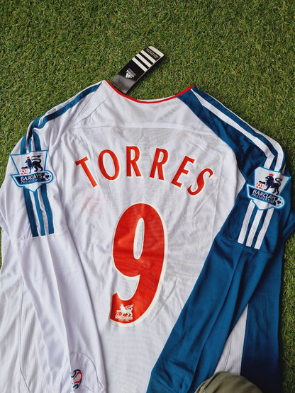 Fernando Torres Liverpool 2007 White Blue Long Sleeve Retro Football Jersey Kit Premier League Patch