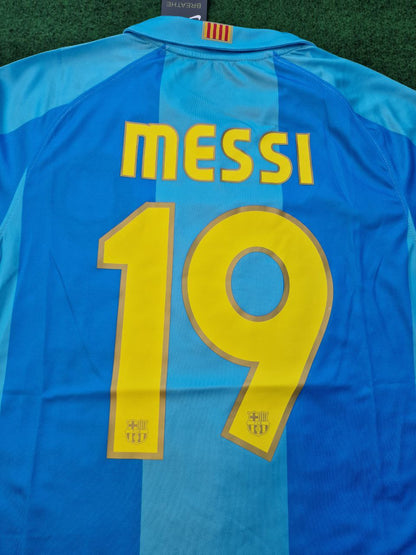 Lionel Messi Barcelona 2007 2008 Light Blue Yellow Number 19 Retro Football Jersey