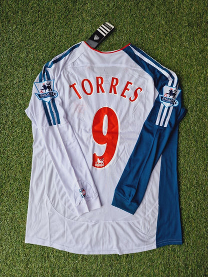 Fernando Torres Liverpool 2007 White Blue Long Sleeve Retro Football Jersey Kit Premier League Patch