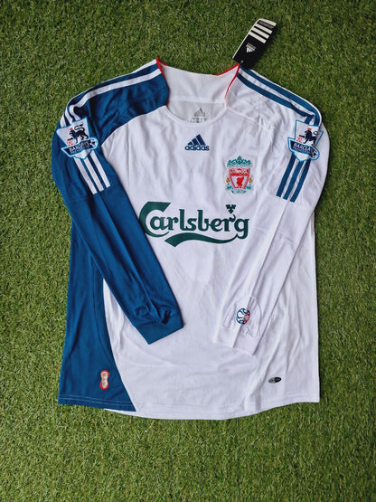 Fernando Torres Liverpool 2007 White Blue Long Sleeve Retro Football Jersey Kit Premier League Patch