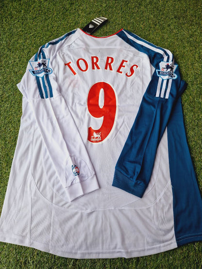 Fernando Torres Liverpool 2007 White Blue Long Sleeve Retro Football Jersey Kit Premier League Patch