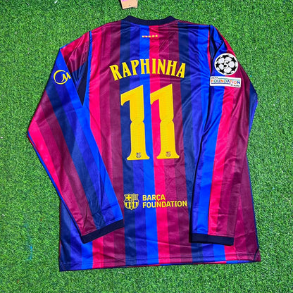 Raphinha #11 Barcelona 2027 Champions League Patch Home Long Sleeve Football Jersey