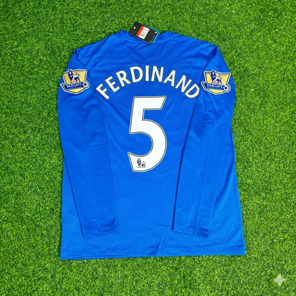 Rio Ferdinand Manchester United 2008 Blue EPL Patch Retro Long Sleeve Football Jersey Kit