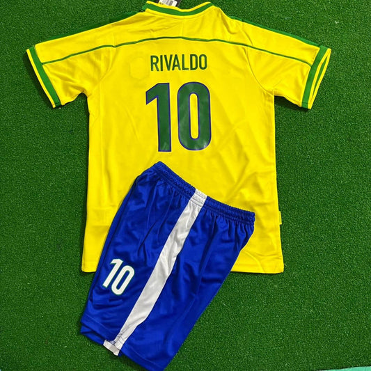 Rivaldo Brazil 1998 World Cup Retro Kids Soccer Kids Football Jersey Kit