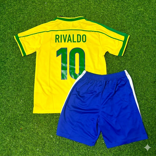 Brazil World Cup 2002 Rivaldo #10 Retro Kids Soccer Football Jersey Kit Kinder