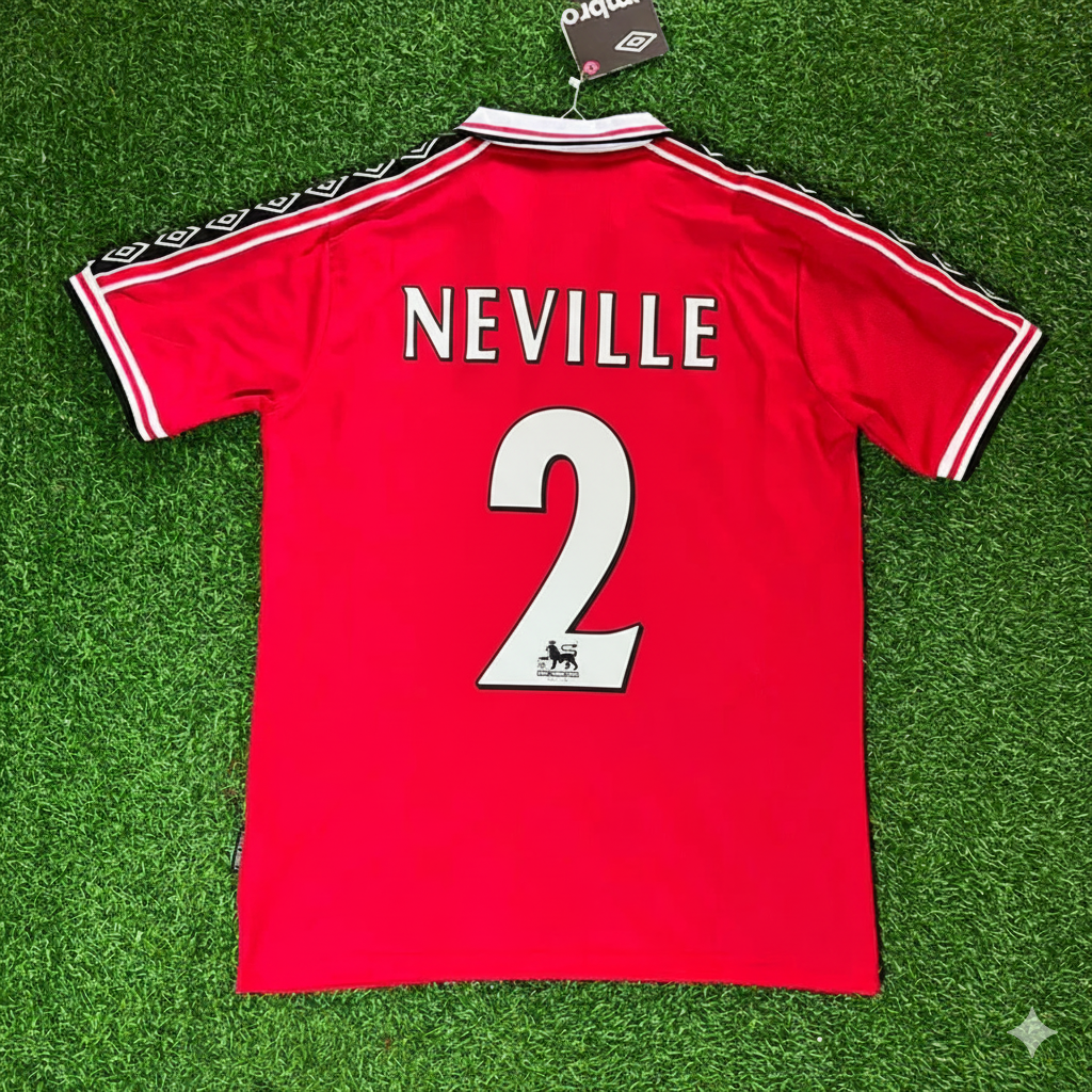 Gary Neville Manchester United 1999 Red Retro Football Jersey
