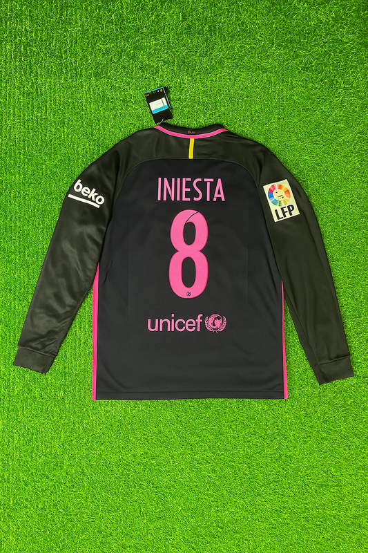Andres Iniesta Barcelona 14/15 Retro Pink Printing Long Sleeve Football Jersey