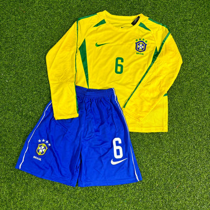 Brazil World Cup 2002 Roberto Carlos #6 Home Long Sleeve Retro Football Jersey