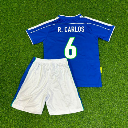 Brazil World Cup 1998 Roberto Carlos #6 Retro Kids Soccer Football Jersey Kit Kinder