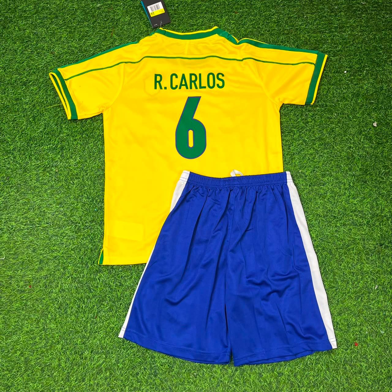 Brazil World Cup 1998 Roberto Carlos #6 Retro Kids Soccer Football Jersey Kit Kinder Special Edition