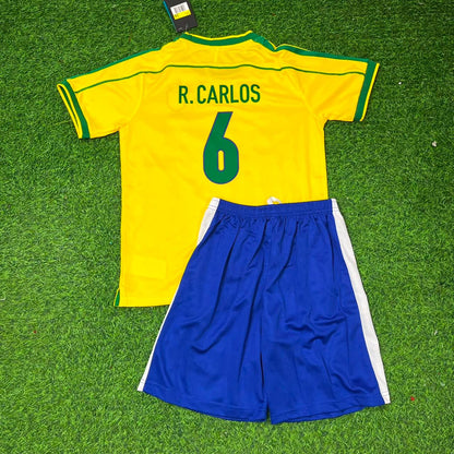 Brazil World Cup 1998 Roberto Carlos #6 Retro Kids Soccer Football Jersey Kit Kinder Special Edition