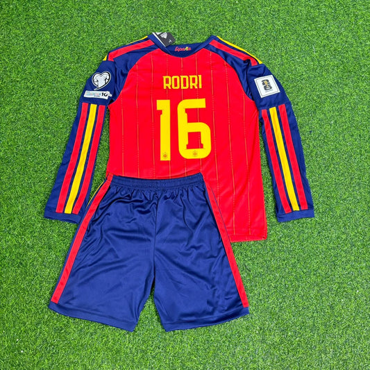 Spain 2026 Rodri Kids Home Long Sleeve Soccer Kit Football Jersey