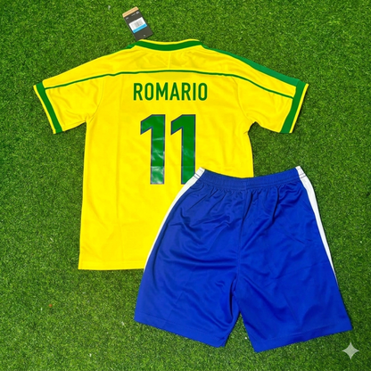 Brazil World Cup 2002 Romario #11 Retro Kids Soccer Football Jersey Kit Kinder