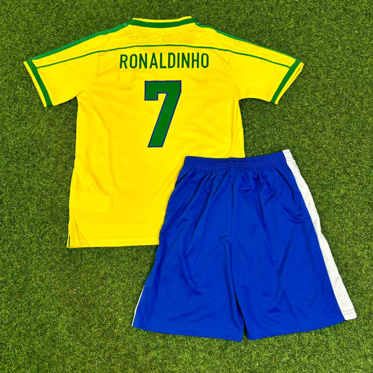 Ronaldinho #7 Brazil Retro Kids Soccer Football Jersey Kit Kinder Special Edition