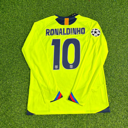 Ronaldinho Gaucho Barcelona 2005-2006 Yellow Green Retro Long Sleeve Football Jersey Kit