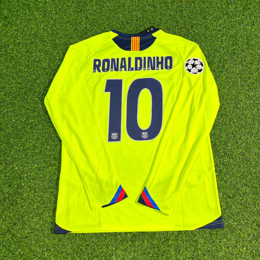 Ronaldinho Gaucho Barcelona 2005-2006 Yellow Green Retro Long Sleeve Football Jersey Kit