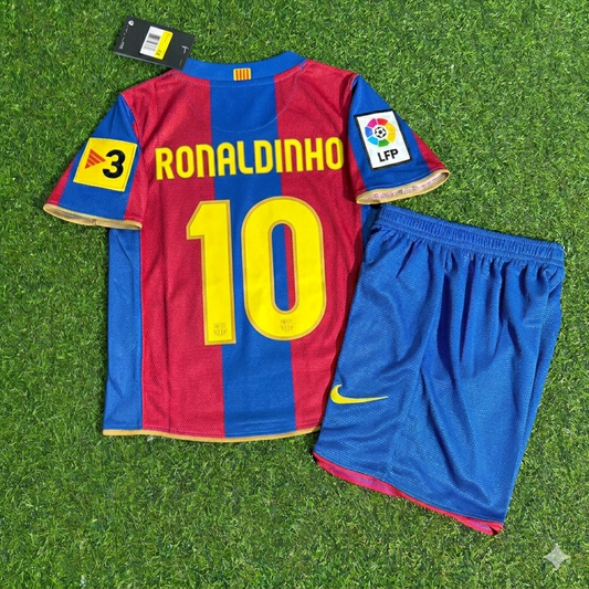 Ronaldinho 10- Barcelona 2007/2008 Retro Kids Football Jersey Kit