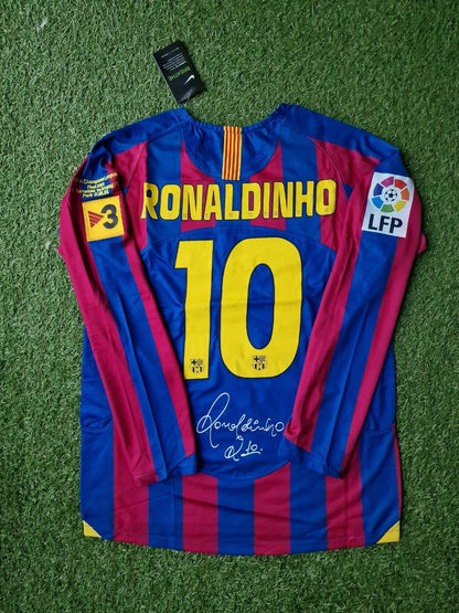 Ronaldinho Gaucho Barcelona 2006 Paris Final vs Arsenal Retro Long Sleeve Football Jersey Kit