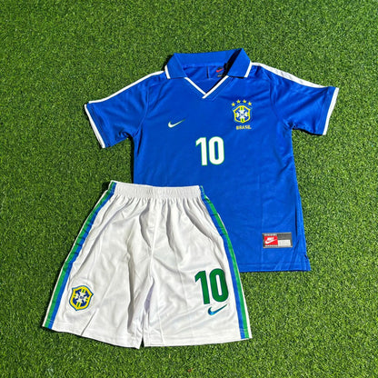 Ronaldinho Brazil Blue Kids Retro Football Jersey Kit