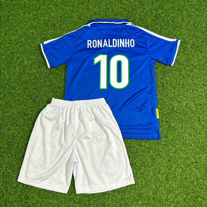 Ronaldinho Brazil Blue Kids Retro Football Jersey Kit