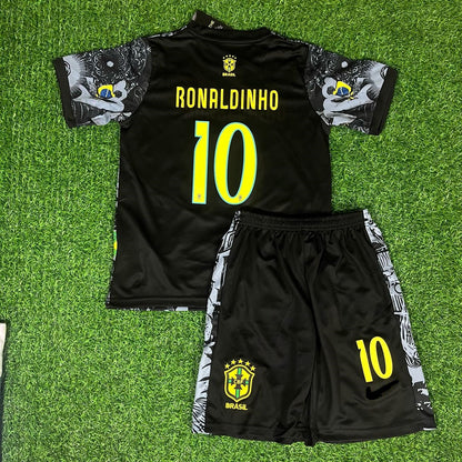 Ronaldinho Gaucho Brazil Black Kids Retro Football Jersey Set