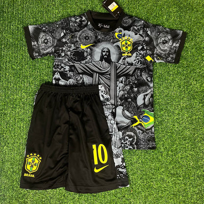 Ronaldinho Gaucho Brazil Black Kids Retro Football Jersey Set