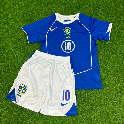 Ronaldinho #10 Brazil 2004 Blue Away Kids Kit Retro Football Jersey Collection